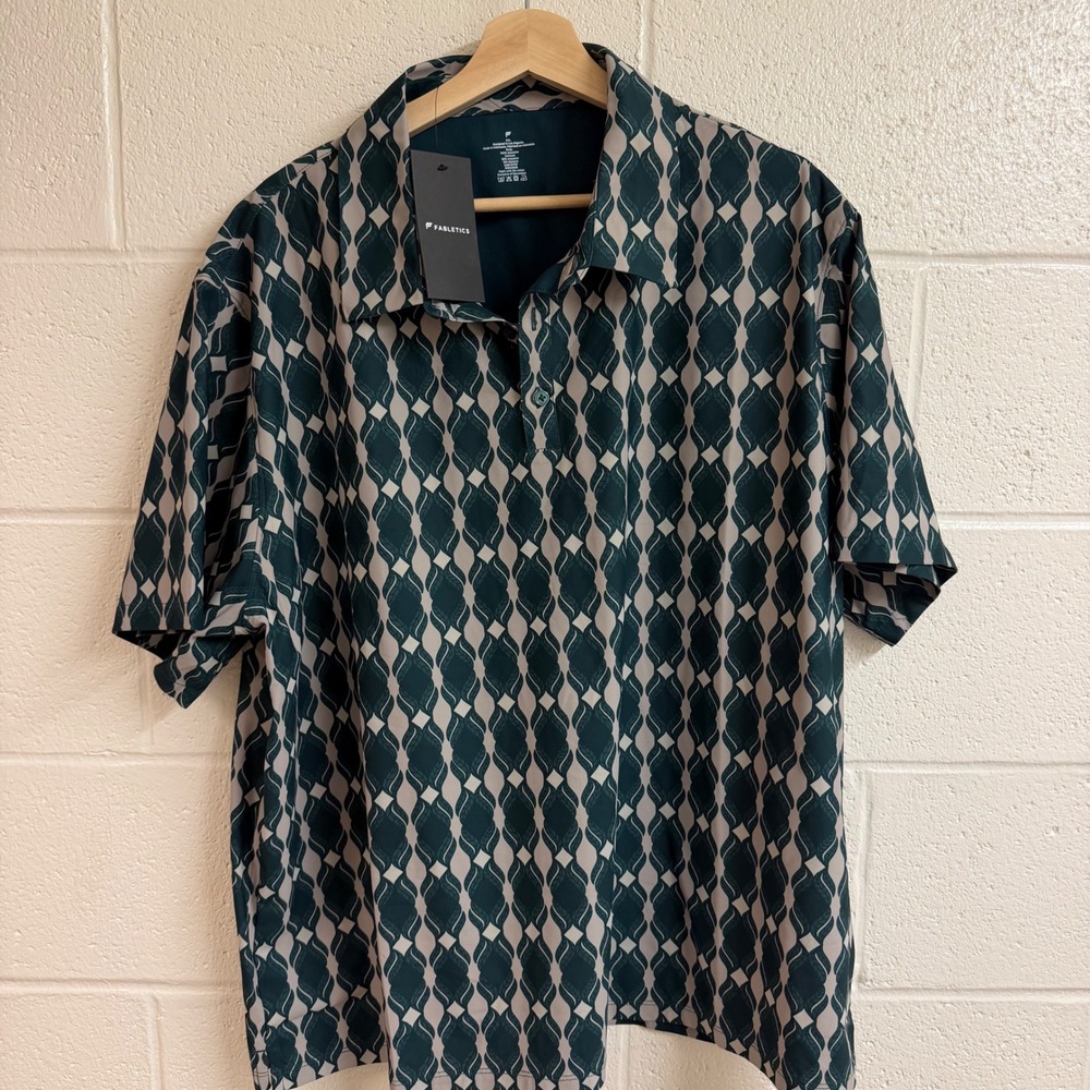 Fabletics Don Golf Polo Mens Geometric Print Golf Shirt XXL Green Performance